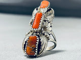 Striking Native American Navajo Coral Sterling Silver Ring-Nativo Arts