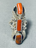Striking Native American Navajo Coral Sterling Silver Ring-Nativo Arts