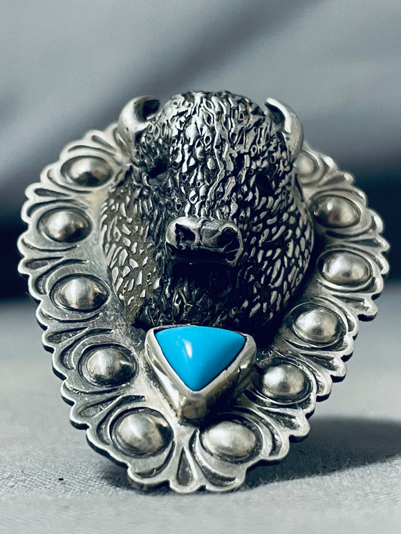 Striking San Felipe Sleeping Beauty Turquoise Sterling Silver Buffalo Ring-Nativo Arts