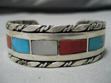 Striking Vintage Native American Navajo Turquoise Coral Inlay Sterling Silver Bracelet Old-Nativo Arts