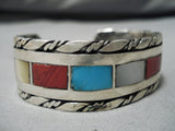 Striking Vintage Native American Navajo Turquoise Coral Inlay Sterling Silver Bracelet Old-Nativo Arts