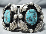 Striking Vintage Native American Navajo Turquoise Sterling Silver Leaf Bracelet Old-Nativo Arts