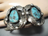 Striking Vintage Native American Navajo Turquoise Sterling Silver Leaf Bracelet Old-Nativo Arts
