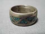 Striking Vintage Thick Native American Navajo Turquoise Sterling Silver Inlay Ring Old-Nativo Arts