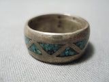 Striking Vintage Thick Native American Navajo Turquoise Sterling Silver Inlay Ring Old-Nativo Arts