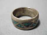 Striking Vintage Thick Native American Navajo Turquoise Sterling Silver Inlay Ring Old-Nativo Arts