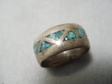 Striking Vintage Thick Native American Navajo Turquoise Sterling Silver Inlay Ring Old-Nativo Arts