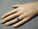 Striking Vintage Thick Native American Navajo Turquoise Sterling Silver Inlay Ring Old-Nativo Arts