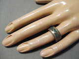 Striking Vintage Thick Native American Navajo Turquoise Sterling Silver Inlay Ring Old-Nativo Arts