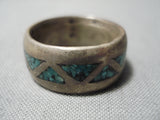 Striking Vintage Thick Native American Navajo Turquoise Sterling Silver Inlay Ring Old-Nativo Arts
