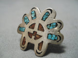 Striking Vintage Zuni Native American Turquoise Coral Sterling Silver Ring-Nativo Arts
