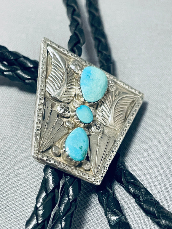 Stunning Vintage Native American Navajo 3 Blue Gem Turquoise Sterling Silver Bolo-Nativo Arts