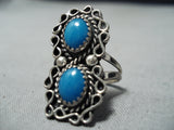 Stunning Vintage Native American Navajo Blue Gem Turquoise Sterling Silver Swirl Ring Old-Nativo Arts