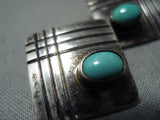 Stunning Vintage Native American Navajo Carved Sterling Silver Turquoise Earrings-Nativo Arts