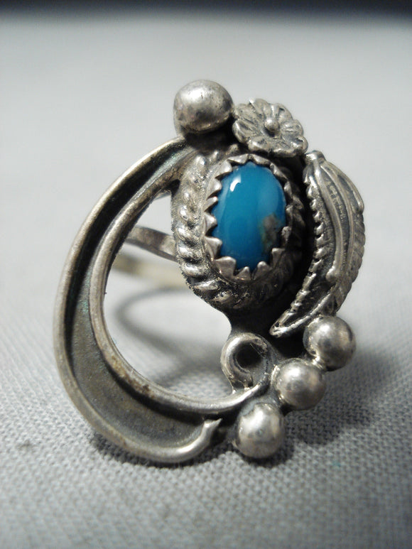 Stunning Vintage Native American Navajo Deep Blue Turquoise Sterling Silver Ring Old-Nativo Arts