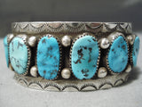 Stunning Vintage Native American Navajo Heavy Turquoise Sterling Silver Sun Stamp Bracelet Old-Nativo Arts