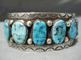 Stunning Vintage Native American Navajo Heavy Turquoise Sterling Silver Sun Stamp Bracelet Old-Nativo Arts