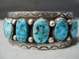 Stunning Vintage Native American Navajo Heavy Turquoise Sterling Silver Sun Stamp Bracelet Old-Nativo Arts