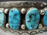Stunning Vintage Native American Navajo Heavy Turquoise Sterling Silver Sun Stamp Bracelet Old-Nativo Arts