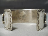 Stunning Vintage Native American Navajo Heavy Turquoise Sterling Silver Sun Stamp Bracelet Old-Nativo Arts