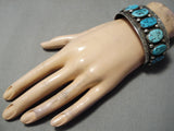 Stunning Vintage Native American Navajo Heavy Turquoise Sterling Silver Sun Stamp Bracelet Old-Nativo Arts