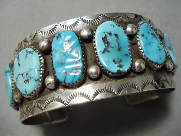 Stunning Vintage Native American Navajo Heavy Turquoise Sterling Silver Sun Stamp Bracelet Old-Nativo Arts