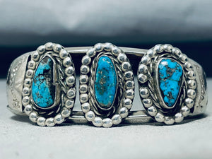 Stunning Vintage Native American Navajo Triple Turquoise Sterling Silver Bracelet-Nativo Arts