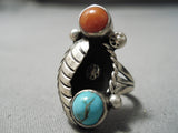 Stunning Vintage Native American Navajo Turquoise Coral Sterling Silver Leaf Ring-Nativo Arts