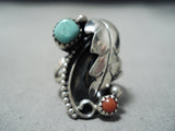 Stunning Vintage Native American Navajo Turquoise Coral Sterling Silver Leaf Ring Old-Nativo Arts