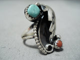 Stunning Vintage Native American Navajo Turquoise Coral Sterling Silver Leaf Ring Old-Nativo Arts