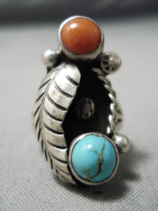 Stunning Vintage Native American Navajo Turquoise Coral Sterling Silver Leaf Ring-Nativo Arts