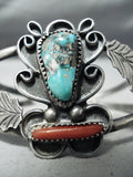 Super Detail Vintage Native American Navajo Turquoise Coral Leaf Sterling Silver Bracelet Old-Nativo Arts