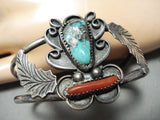 Super Detail Vintage Native American Navajo Turquoise Coral Leaf Sterling Silver Bracelet Old-Nativo Arts