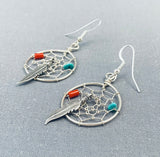 Superb Native American Navajo Turquoise Coral Sterling Silver Dream Catcher Earrings-Nativo Arts
