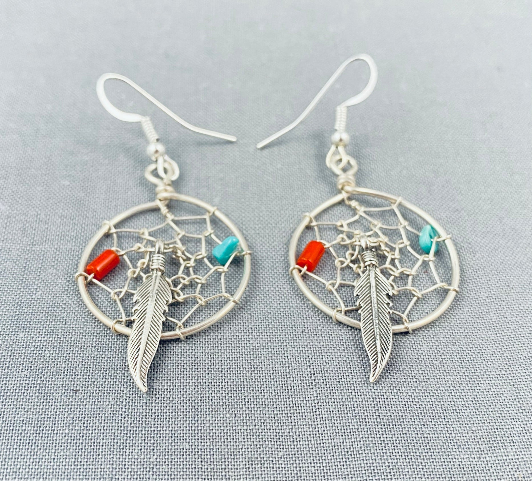 Sterling Silver Turquoise Dream Catcher Earrings Feather Wires Native  American | eBay