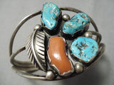 Superb Vintage Native American Navajo Chunky Coral Turquoise Nugget Sterling Silver Bracelet Old-Nativo Arts