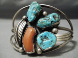 Superb Vintage Native American Navajo Chunky Coral Turquoise Nugget Sterling Silver Bracelet Old-Nativo Arts