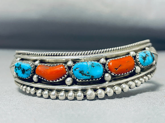 Superb Vintage Native American Navajo Sleeping Beauty Turquoise Coral Sterling Silver Bracelet-Nativo Arts