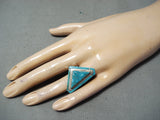 Superb Vintage Native American Navajo Turquoise Inlay Triangle Sterling Silver Ring-Nativo Arts