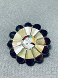 Superb Vintage Native American Zuni Inlay Coral Shell Jet Sunface Sterling Silver Pin Pendant-Nativo Arts