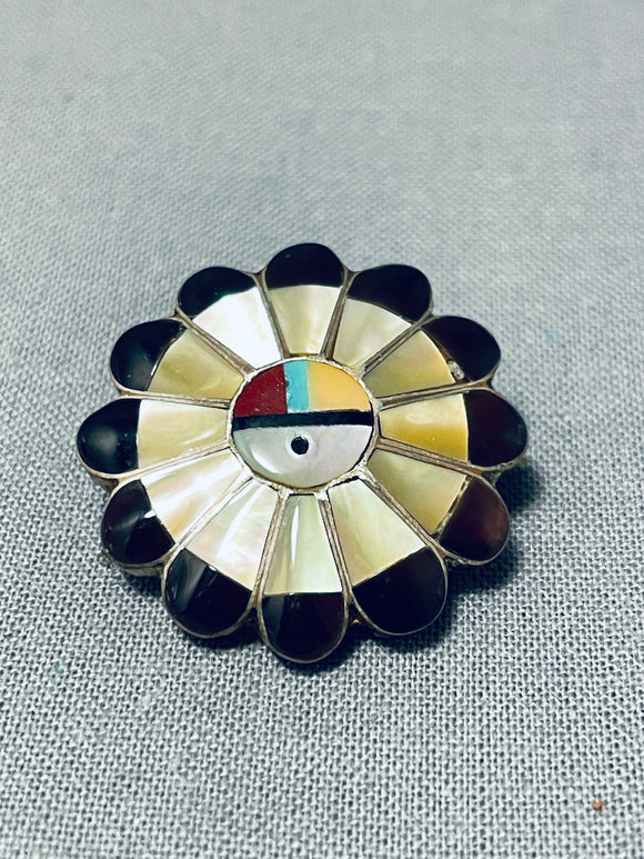 Superb Vintage Native American Zuni Inlay Coral Shell Jet Sunface Sterling Silver Pin Pendant-Nativo Arts