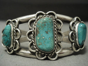 Superb Vintage Navajo 'Triple Royston Turquoise' Native American Jewelry Silver Flower Bracelet-Nativo Arts