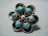 Superb Vintage Zuni Native American Turquoise Sterling Silver Flower Ring Old-Nativo Arts
