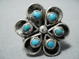 Superb Vintage Zuni Native American Turquoise Sterling Silver Flower Ring Old-Nativo Arts
