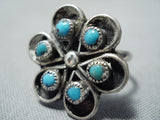 Superb Vintage Zuni Native American Turquoise Sterling Silver Flower Ring Old-Nativo Arts