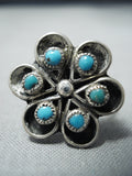 Superb Vintage Zuni Native American Turquoise Sterling Silver Flower Ring Old-Nativo Arts