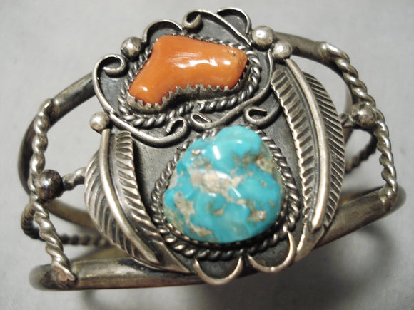 Superior Vintage Native American Navajo Dashner Coral Turquoise Sterling Silver Bracelet-Nativo Arts