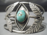 Superior Vintage Native American Navajo Green Turquoise Sterling Silver Leaf Bracelet Old-Nativo Arts