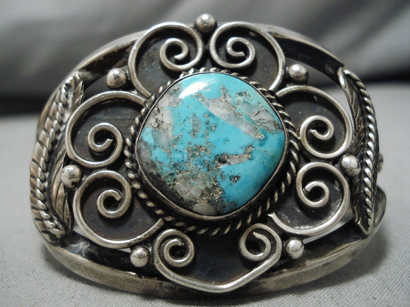 Superior Vintage Native American Navajo Intricate!! Sterling Silver Turquoise Bracelet Old-Nativo Arts