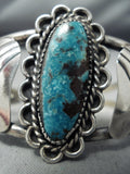 Superior Vintage Native American Navajo Morenci Turquoise Flank Sterling Silver Bracelet Old-Nativo Arts